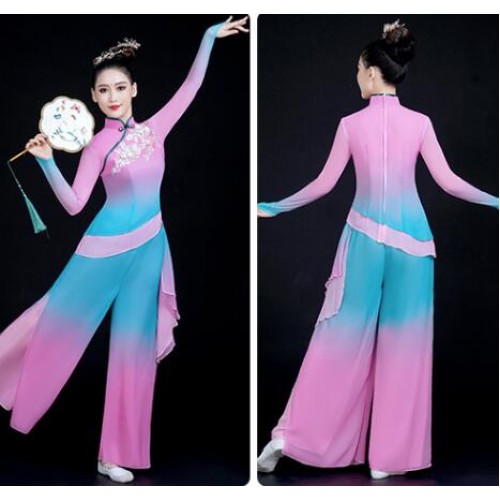 Blue Pink Gradient Chinese Folk Dance Costumes For Women Girls China Yangge Dance Suit Hanfu Jiaozhou Yangko Fan Umbrella dance Clothes Art Exam